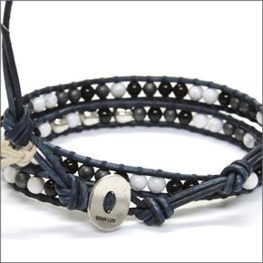 チャンルー BSM-1588 WHT HWL MIX/N DK BLU ≪2015SS≫メンズ 2ラップブレスレット シルバースカル、ホワイトハウライトミックスをナチュラルブラックレザーで編み込んだ2連ブレス