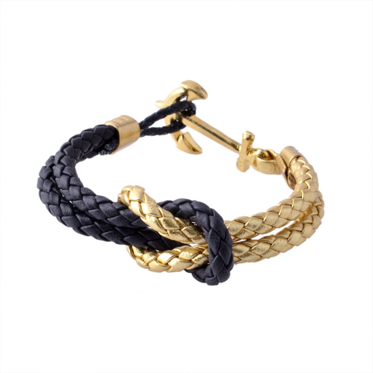 キールジェイムスパトリック Kiel James Patrick QM-1388-1105 アンカーモチーフ レザー編み込みブレスレット ユニセックス Quartermaster Bracelets Gold Navy
