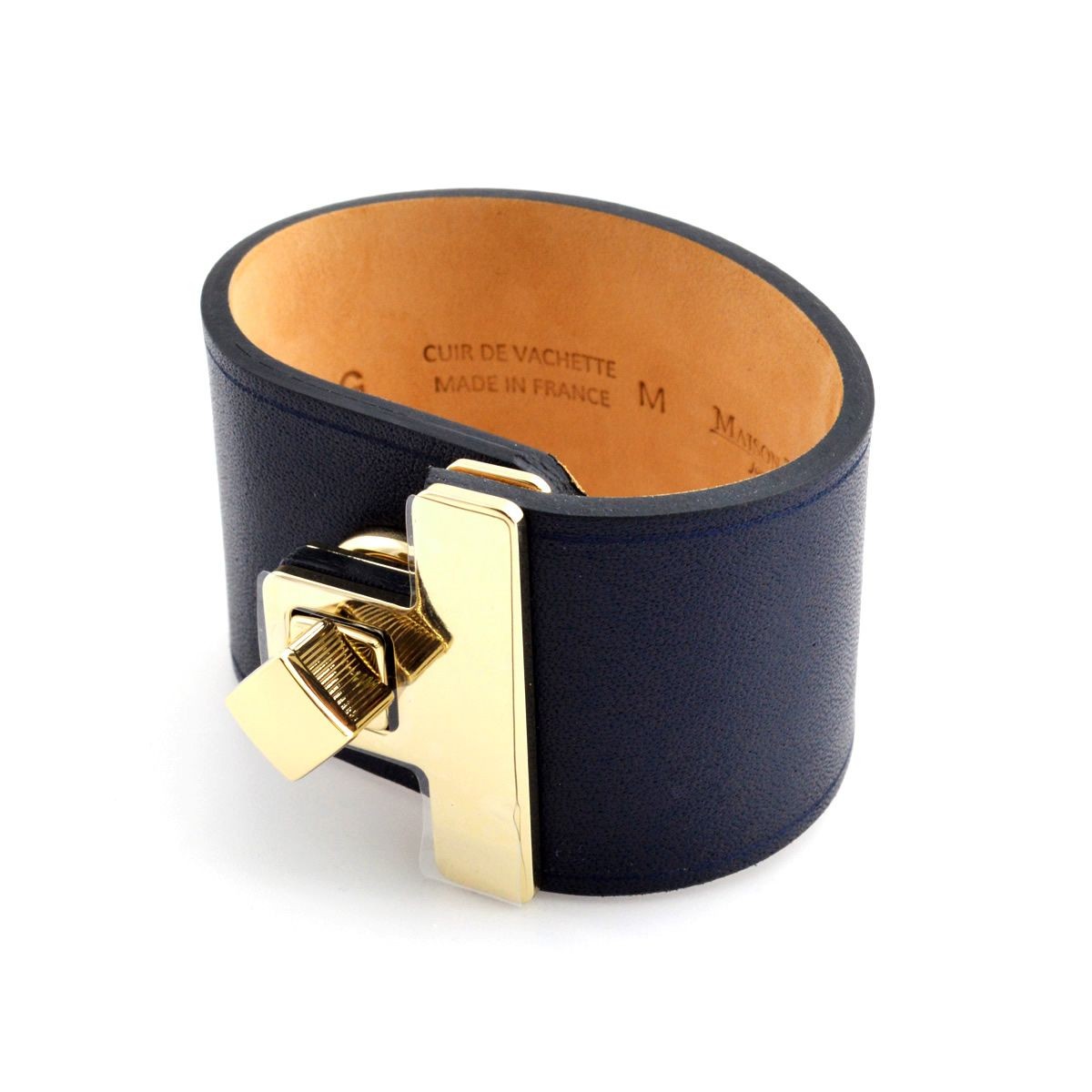 メゾンボワネ Maison Boinet 95027G 79 03 Navy M  ヒネリ金具 レザー ブレスレット バングル 40mm