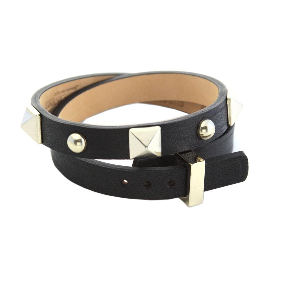 メゾンボワネ Maison Boinet 95174G-79-04-M Black  ベルトタイプ ダブルラップ ピラミッドスタッズ&スタッズ 2連 レザー ブレスレット 10mm