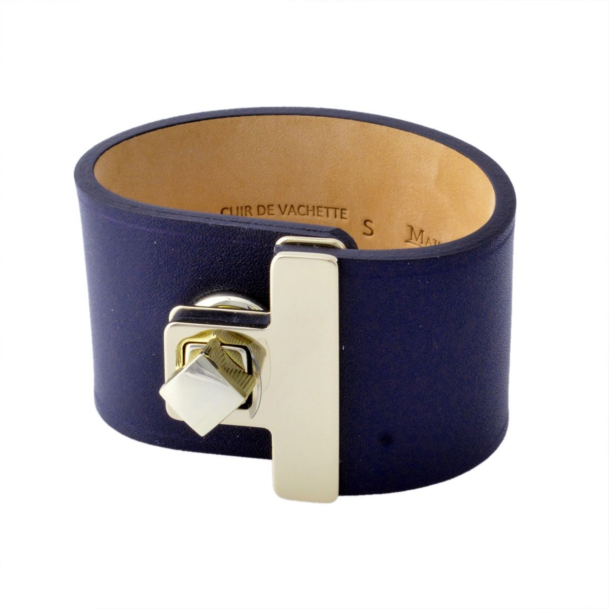 メゾンボワネ Maison Boinet 95027G-79-03-S Navy ヒネリ金具 レザー ブレスレット バングル 40mm