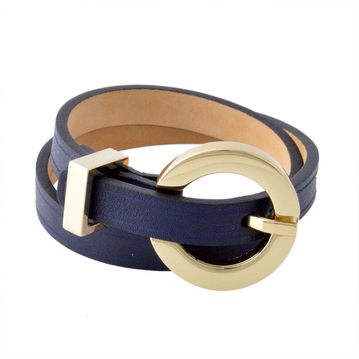 メゾンボワネ Maison Boinet 95153G-79-03-M Navy 丸型 ラウンドバックル ダブルラップ 2連 レザー ブレスレット 10mm