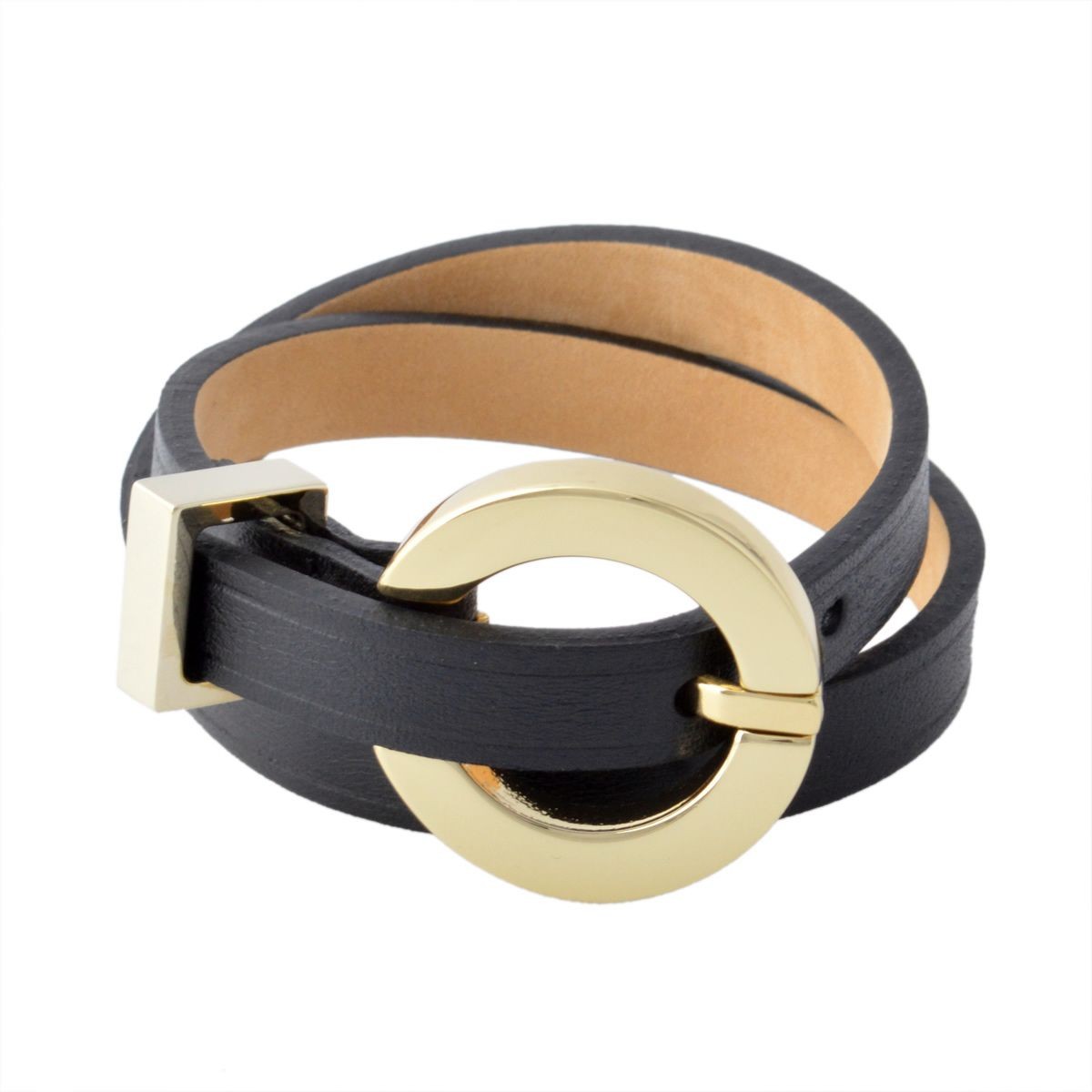 メゾンボワネ Maison Boinet 95153G-79-04-M Black 丸型 ラウンドバックル ダブルラップ 2連 レザー ブレスレット 10mm