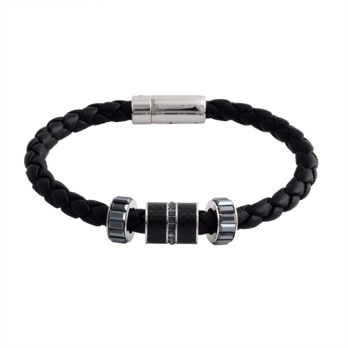 スワロフスキー　メンズコレクション SWAROVSKI 5159648 Diagonal ジェットクリスタル 編み込みレザー ブレスレット Mサイズ