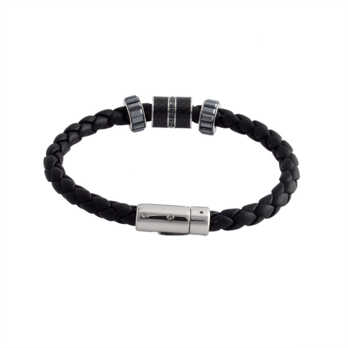 スワロフスキー　メンズコレクション SWAROVSKI 5159648 Diagonal ジェットクリスタル 編み込みレザー ブレスレット Mサイズ