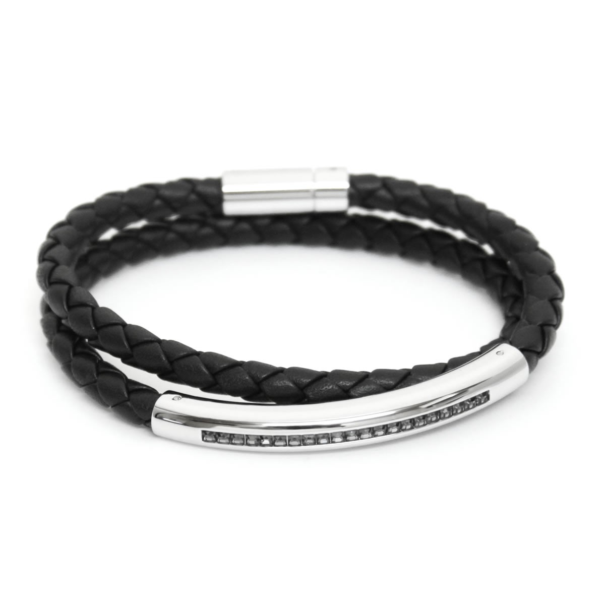 スワロフスキー　メンズコレクション SWAROVSKI 5252387 ダークグレークリスタル 編み込みレザー 2連 ダブルラップ ブレスレット Gesture