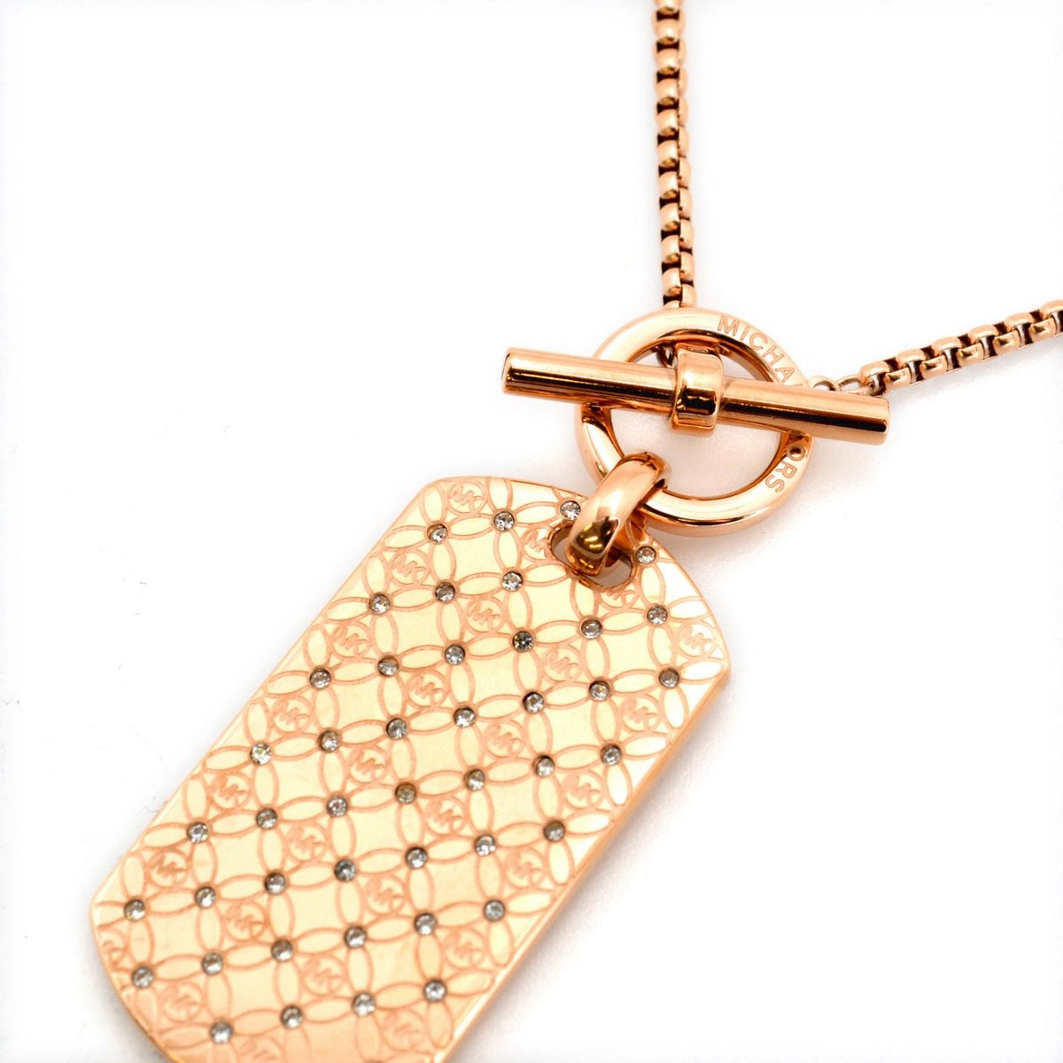 マイケルコース MICHAEL KORS MKJ4287791 Pave Rose Gold-Tone Heritage Monogram Dog Tag Pendant Necklace パヴェ モノグラム ドッグタグ ペンダント ネックレス