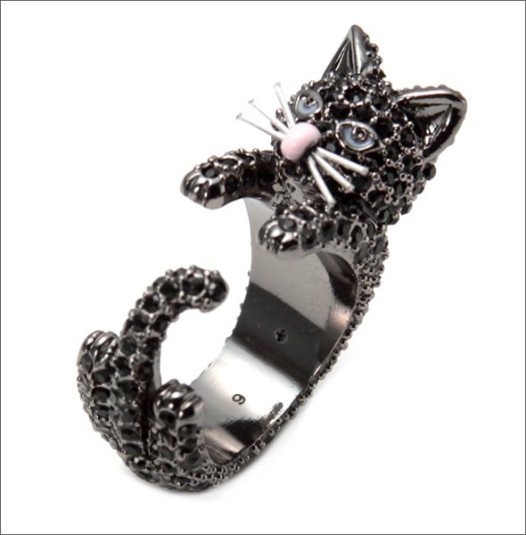 ケイトスペード WBRUA449-008 #6 OUT OF THE BAG ring 猫モチーフ ブルーアイズ キャット ブラックパヴェ・クリスタル リング 指輪 サイズ6　（日本サイズ12号）