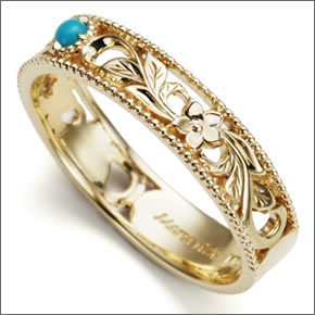 マレア リッチ Hawaiian series K10 ハワイアン ハイビスカスモチーフリング ゴールド×ターコイズ　10号 11KJ-02