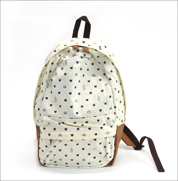 アネロ CAT・DOT☆猫シリーズ☆ 魚の骨チャーム付♪手書き風ネコプリント＆ねこどっと柄がキュートなスウェット素材のリュックサック アイボリー×ネイビー AJ-43201-IV