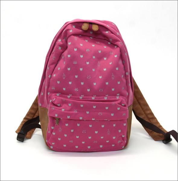 アネロ CAT・DOT☆猫シリーズ☆ 魚の骨チャーム付♪手書き風ネコプリント＆ねこどっと柄がキュートなスウェット素材のリュックサック ショッキングピンク×グレー AJ-43201-SPI