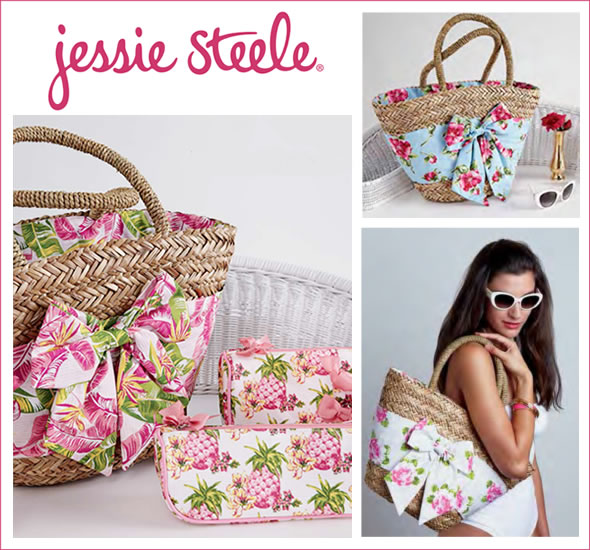 ジェシースティール  大きなリボンとフラワープリント布がキュートなカゴバッグ Peony Stripe Seagrass Beach Bag シーグラス ビーチバッグ ≪2014SS≫ 822-JS-251