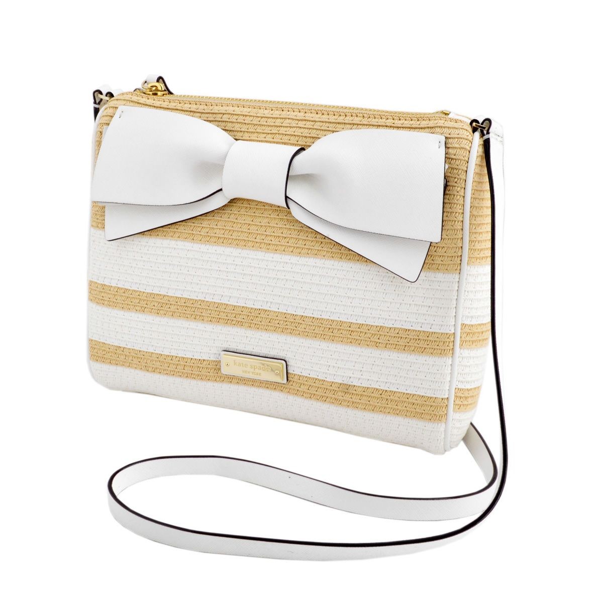 ケイトスペード Kate Spade PXRU6465 160 Natural/Fresh White リボンモチーフ ボーダー ストロー ミニショルダーバッグ かごバッグ Clement Street Straw Cayli