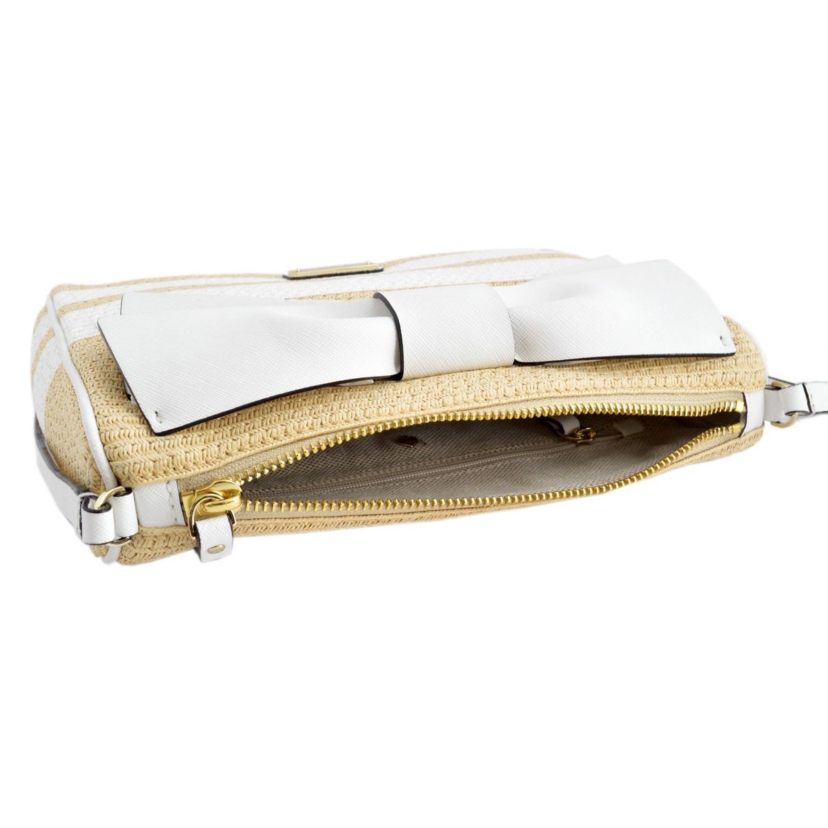 ケイトスペード Kate Spade PXRU6465 160 Natural/Fresh White リボンモチーフ ボーダー ストロー ミニショルダーバッグ かごバッグ Clement Street Straw Cayli