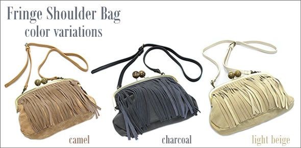 レガートラルゴ LH-B0801 LBE  流行のフリンジバッグ ライトベージュ☆コロンとした木玉がレトロでオシャレな本革・カウスエードフリンジ付 がま口 ショルダーバッグ クラッチにも♪
