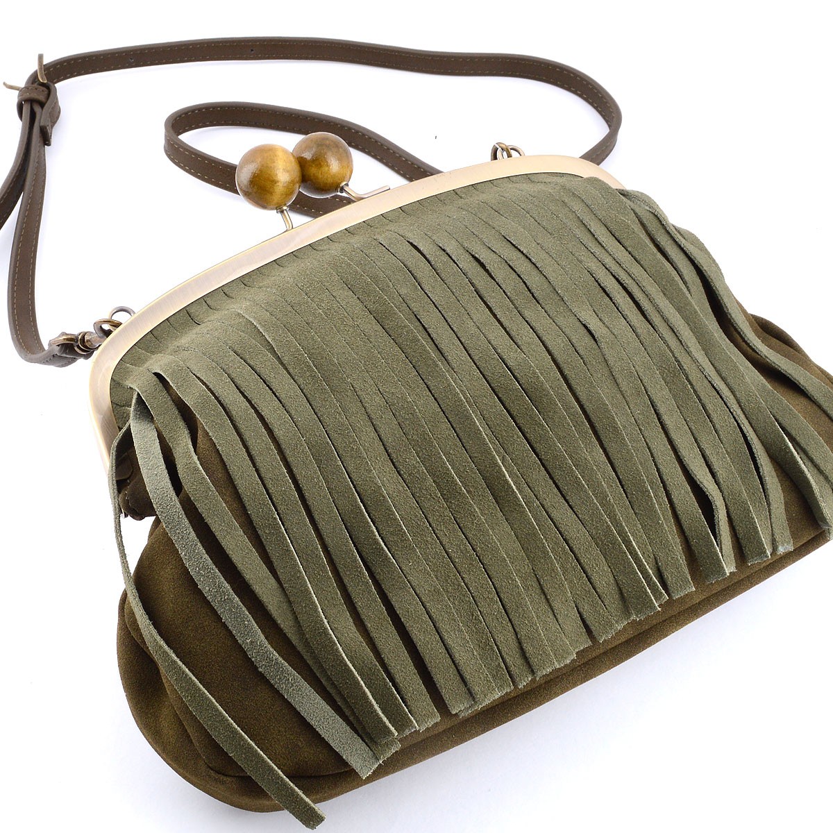 レガートラルゴ Legato Largo  LH-B0801 KH 流行のフリンジバッグ キャメル☆コロンとした木玉がレトロでオシャレな本革・カウスエードフリンジ付 がま口 ショルダーバッグ クラッチにも♪