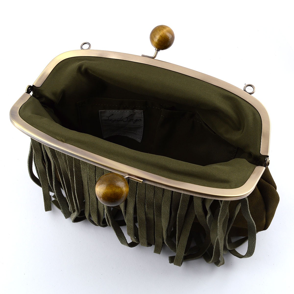 レガートラルゴ Legato Largo  LH-B0801 KH 流行のフリンジバッグ キャメル☆コロンとした木玉がレトロでオシャレな本革・カウスエードフリンジ付 がま口 ショルダーバッグ クラッチにも♪