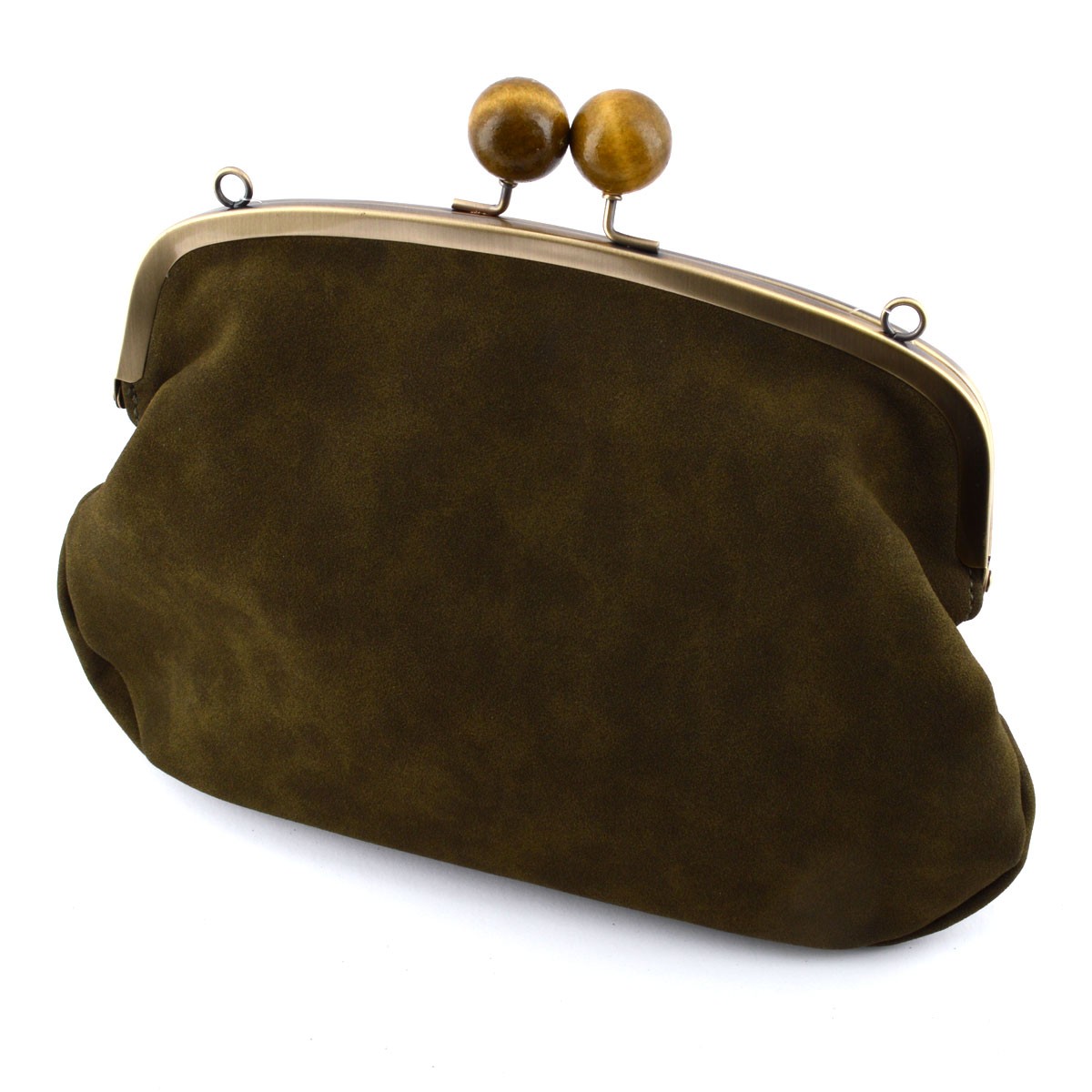 レガートラルゴ Legato Largo  LH-B0801 KH 流行のフリンジバッグ キャメル☆コロンとした木玉がレトロでオシャレな本革・カウスエードフリンジ付 がま口 ショルダーバッグ クラッチにも♪