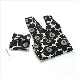 マリメッコ MINI-UNIKKO SMARTBAG  ミニウニッコ柄 収納ポーチ付 ショッピングトートバッグ エコバッグ 使わない時はコンパクトにたためて便利♪　 038695 030 white/black/olive