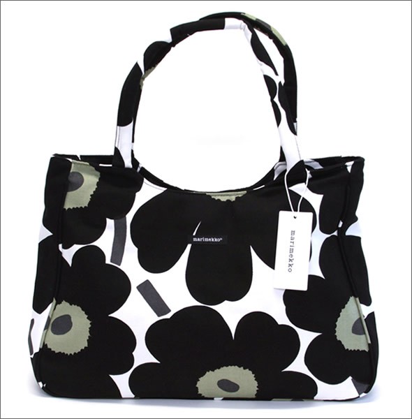 マリメッコ PAPAVER PIENI UNIKKO 033152 042631 030 white/black/olive ウニッコ柄 コットンキャンバス ショルダー・トートバッグ