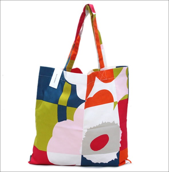 マリメッコ RUUTU-UNIKKO BAG 067302 536 blue/red/lime ウニッコ柄×チェック ファブリック トートバッグ  エコバッグ