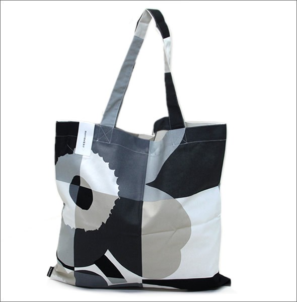 マリメッコ RUUTU-UNIKKO BAG 067302 990 black/grey ウニッコ柄×チェック ファブリック トートバッグ  エコバッグ