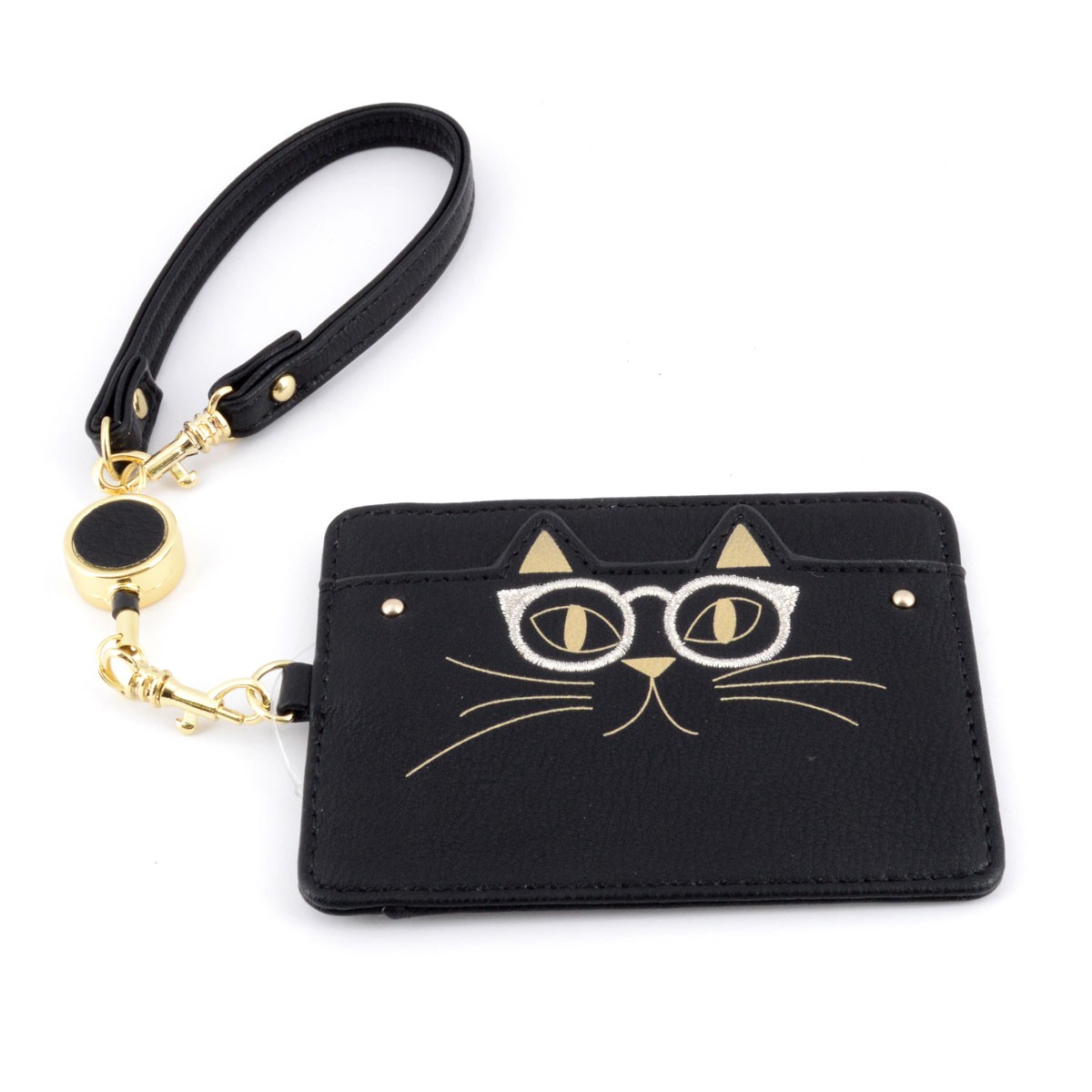 アネロ anello  ZU-M0204-BK おすましメガネ猫 ジョセフィーヌ パスケース 定期入れ 紐が伸び～るリール式で自動改札にも便利♪