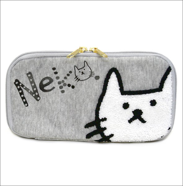 アネロ CAT・DOT☆ねこどっとシリーズ☆ ZP-D0432-GY 魚の骨チャーム付♪もこもこサガラ刺繍＆ロゴプリント ペンケース マルチポーチ