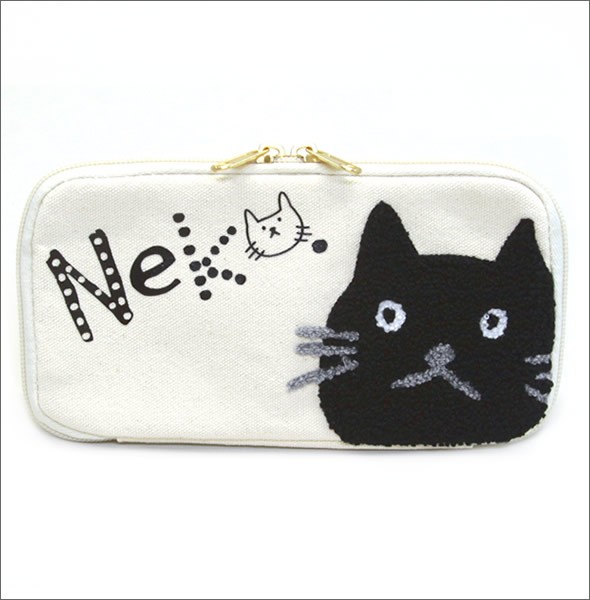アネロ CAT・DOT☆ねこどっとシリーズ☆ ZP-D0432-IV 魚の骨チャーム付♪もこもこサガラ刺繍＆ロゴプリント ペンケース マルチポーチ