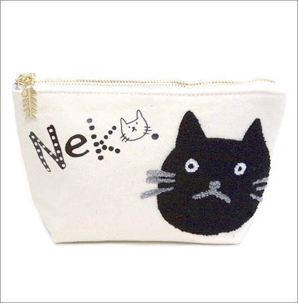 アネロ CAT・DOT☆ねこどっとシリーズ☆ ZP-D0431-IV 魚の骨チャーム付♪もこもこサガラ刺繍＆ロゴプリント コスメポーチ