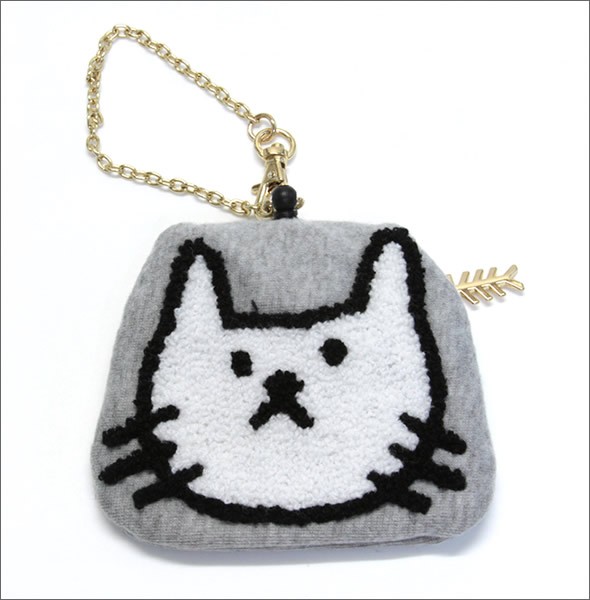 アネロ CAT・DOT☆ねこどっとシリーズ☆ ZP-D0433-GY 魚の骨チャーム付♪もこもこサガラ刺繍 パスケース＆ミニポーチ 紐が伸び～るリール式で自動改札にも便利♪