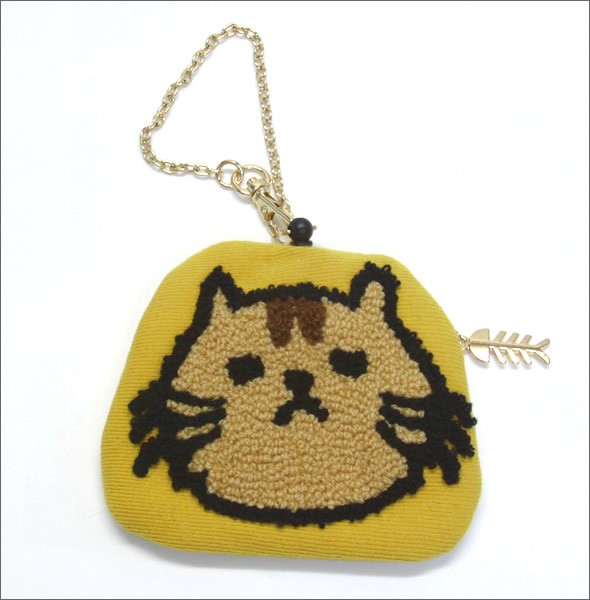 アネロ CAT・DOT☆ねこどっとシリーズ☆ ZP-D0433-MUS 魚の骨チャーム付♪もこもこサガラ刺繍 パスケース＆ミニポーチ 紐が伸び～るリール式で自動改札にも便利♪