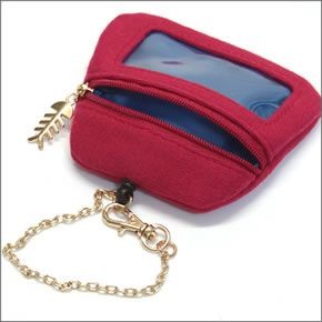 アネロ CAT・DOT☆ねこどっとシリーズ☆ ZP-D0433-SPI 魚の骨チャーム付♪もこもこサガラ刺繍 パスケース＆ミニポーチ 紐が伸び～るリール式で自動改札にも便利♪