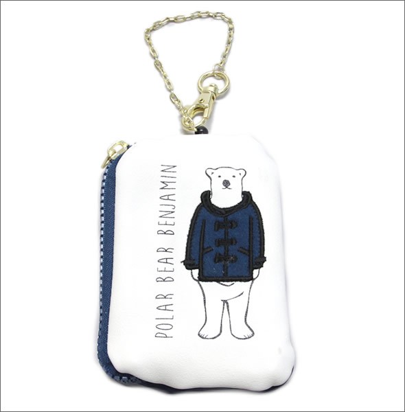 アネロ ZH-L0283-NV POLAR BEAR BENJAMIN オシャレなシロクマ ベンジャミン キーリング＆パスケース付 ポーチ 紐が伸び～るリール式で自動改札にも便利♪