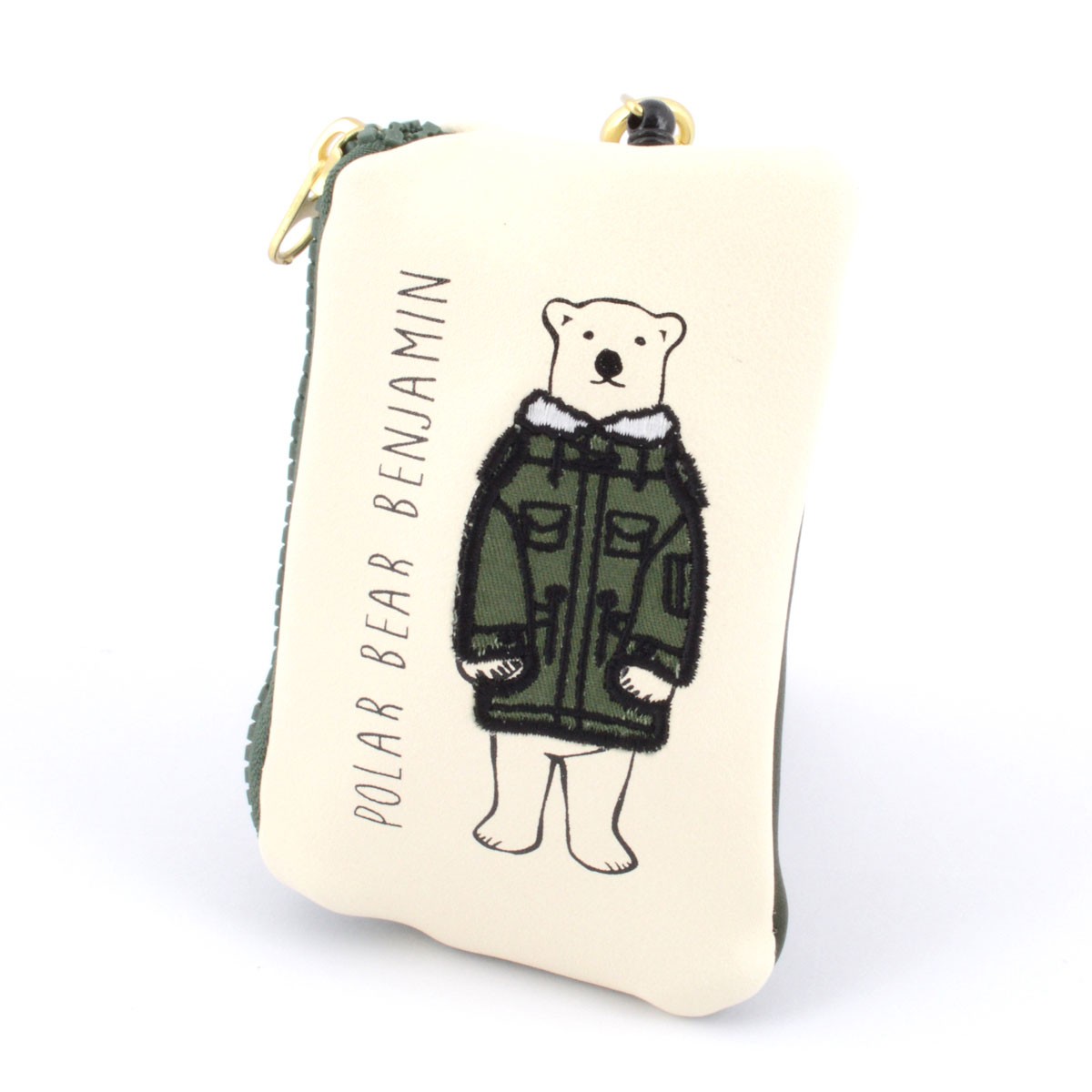 アネロ anello  ZH-L0283-KH POLAR BEAR BENJAMIN オシャレなシロクマ ベンジャミン キーリング＆パスケース付 ポーチ 紐が伸び～るリール式で自動改札にも便利♪