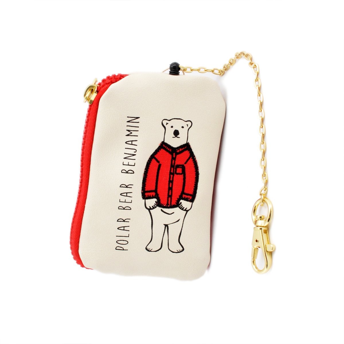 アネロ anello  ZH-L0283-RE POLAR BEAR BENJAMIN オシャレなシロクマ ベンジャミン キーリング＆パスケース付 ポーチ 紐が伸び～るリール式で自動改札にも便利♪