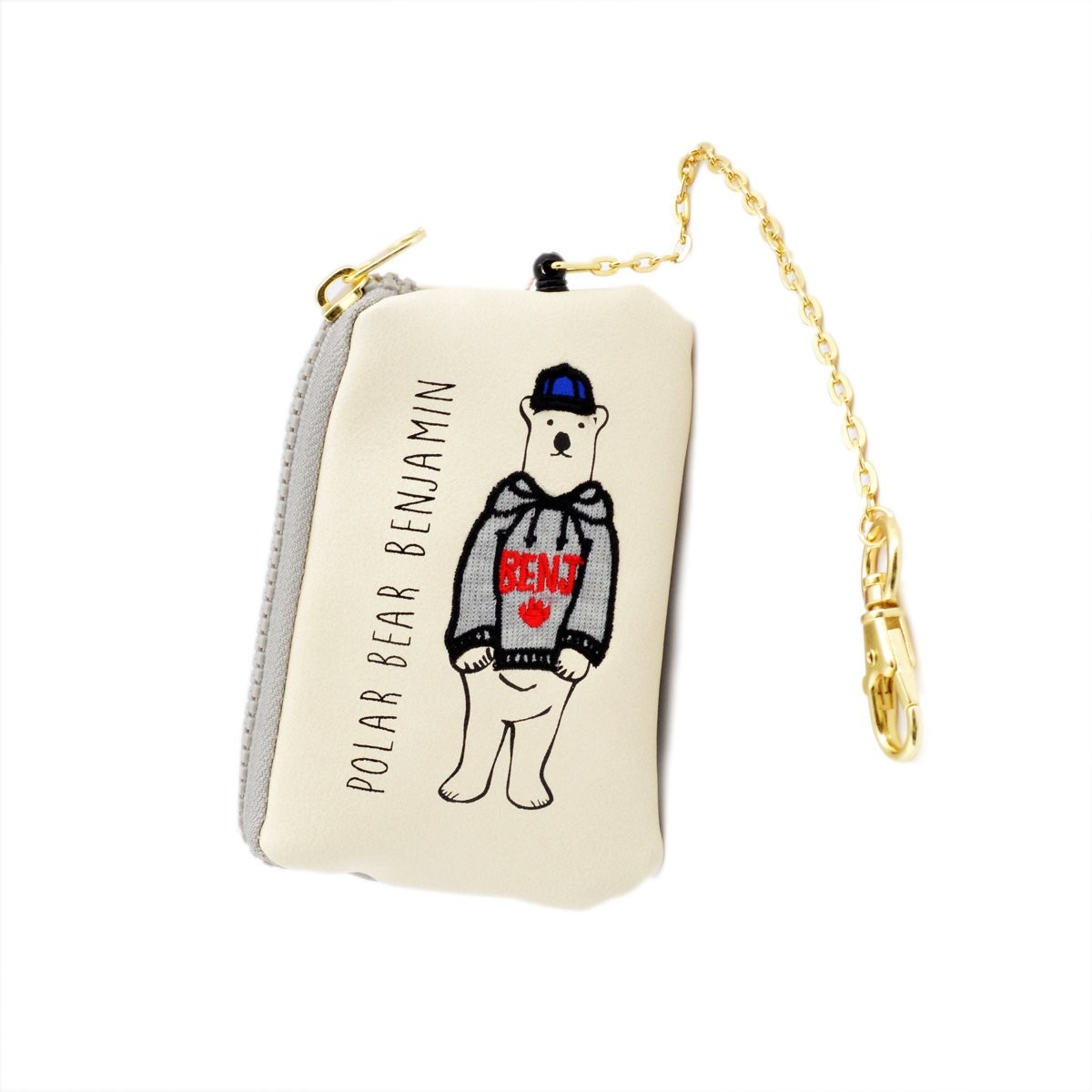 アネロ anello  ZH-L0283-GY POLAR BEAR BENJAMIN オシャレなシロクマ ベンジャミン キーリング＆パスケース付 ポーチ 紐が伸び～るリール式で自動改札にも便利♪