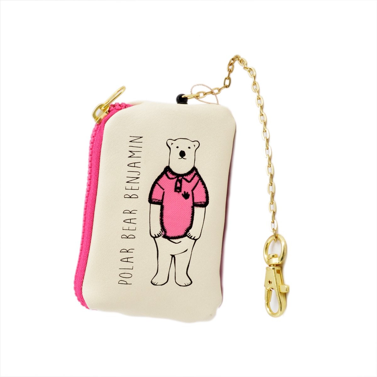アネロ anello  ZH-L0283-PI POLAR BEAR BENJAMIN オシャレなシロクマ ベンジャミン キーリング＆パスケース付 ポーチ 紐が伸び～るリール式で自動改札にも便利♪