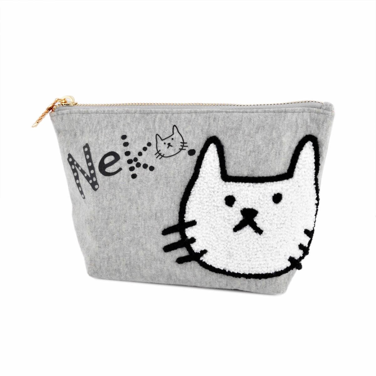 アネロ anello  ZP-D0431-GY CAT・DOT☆ねこどっとシリーズ☆ 魚の骨チャーム付♪もこもこサガラ刺繍＆ロゴプリント コスメポーチ