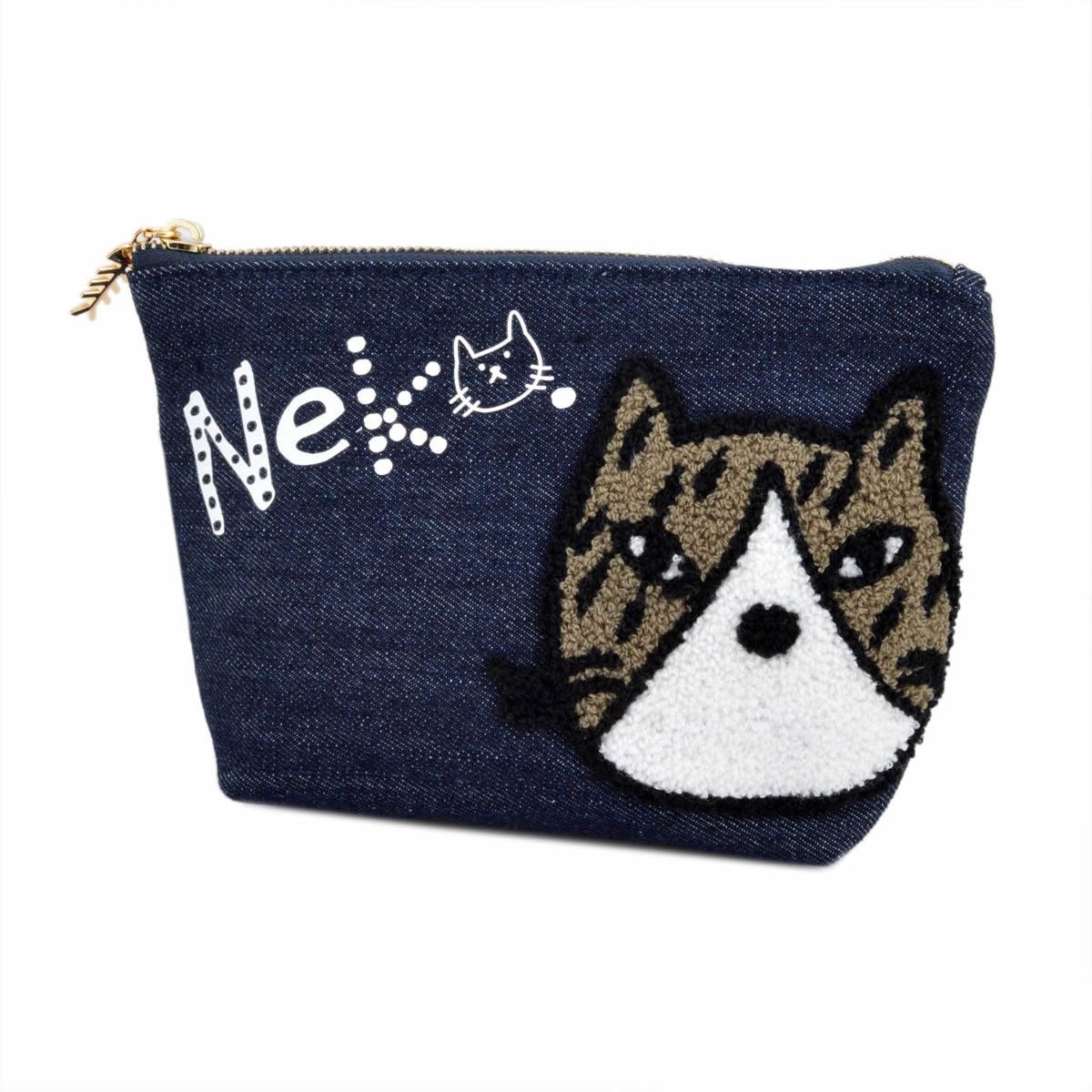 アネロ anello  ZP-D0431-NV CAT・DOT☆ねこどっとシリーズ☆ 魚の骨チャーム付♪もこもこサガラ刺繍＆ロゴプリント コスメポーチ