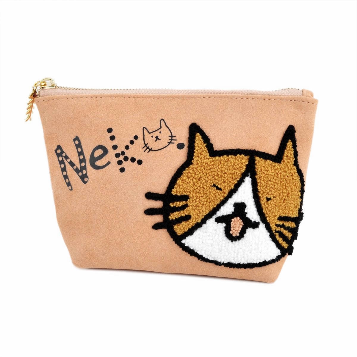 アネロ anello  ZP-D0431-PBE CAT・DOT☆ねこどっとシリーズ☆ 魚の骨チャーム付♪もこもこサガラ刺繍＆ロゴプリント コスメポーチ