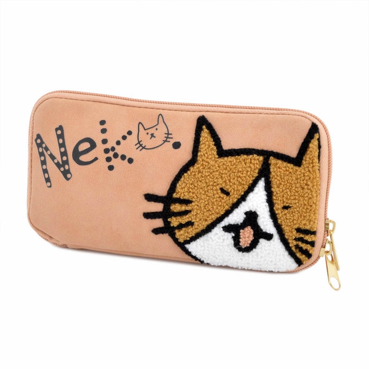 アネロ anello  ZP-D0432-PBE CAT・DOT☆ねこどっとシリーズ☆ 魚の骨チャーム付♪もこもこサガラ刺繍＆ロゴプリント ペンケース マルチポーチ