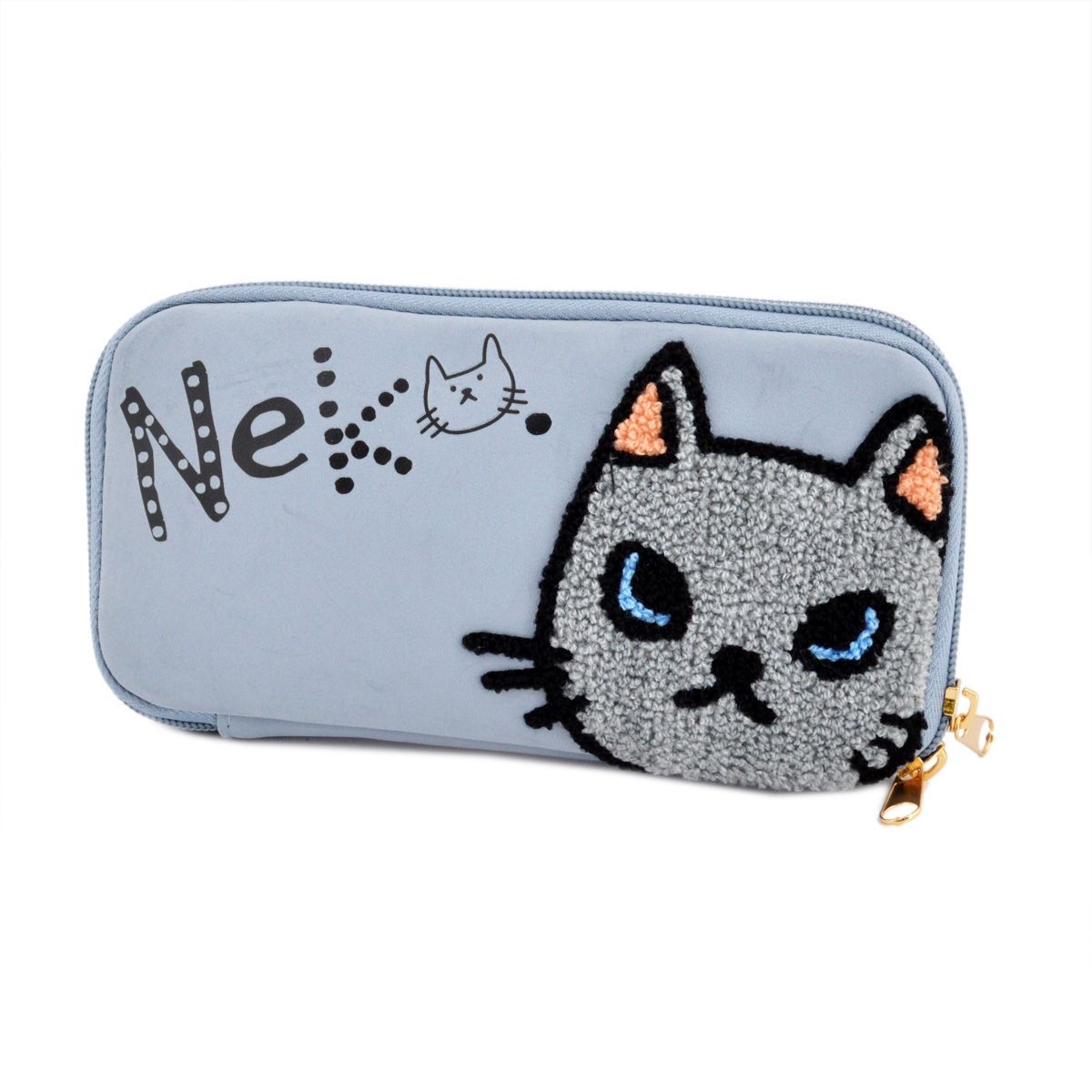 アネロ anello  ZP-D0432-SAX CAT・DOT☆ねこどっとシリーズ☆ 魚の骨チャーム付♪もこもこサガラ刺繍＆ロゴプリント ペンケース マルチポーチ
