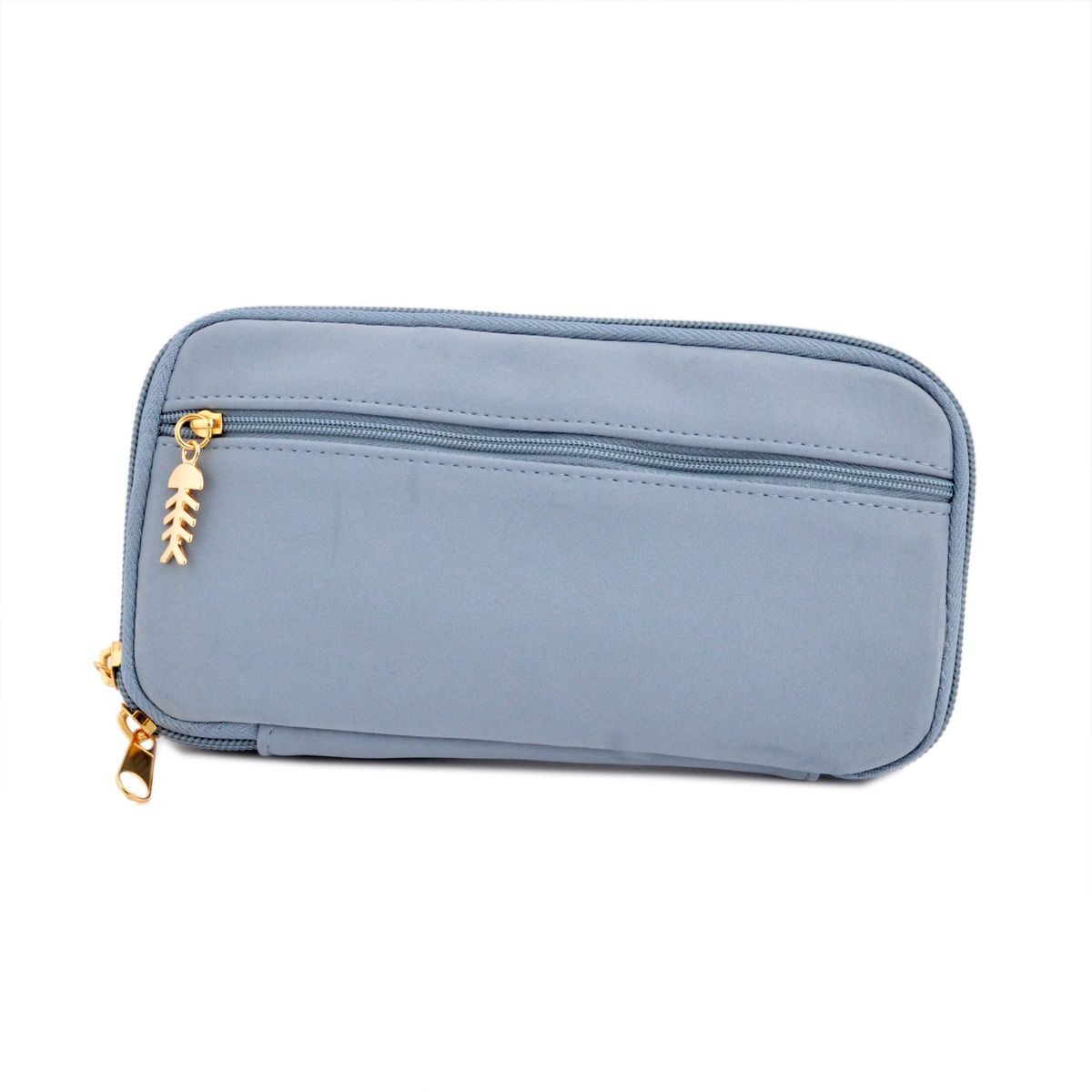 アネロ anello  ZP-D0432-SAX CAT・DOT☆ねこどっとシリーズ☆ 魚の骨チャーム付♪もこもこサガラ刺繍＆ロゴプリント ペンケース マルチポーチ