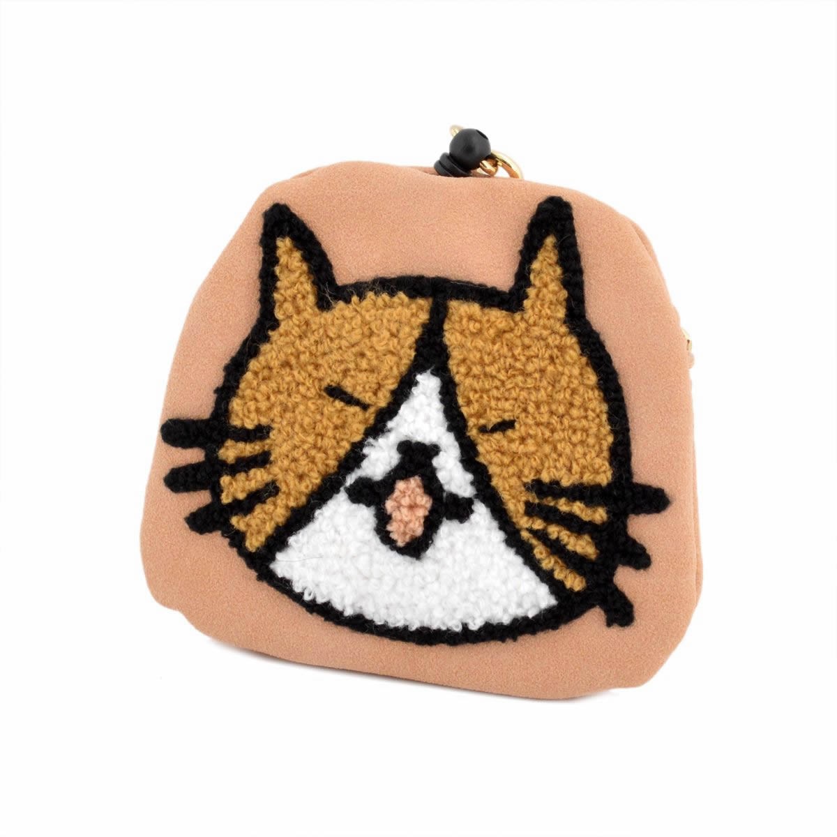アネロ anello  ZP-D0433-PBE CAT・DOT☆ねこどっとシリーズ☆ 魚の骨チャーム付♪もこもこサガラ刺繍 パスケース＆ミニポーチ 紐が伸び～るリール式で自動改札にも便利♪