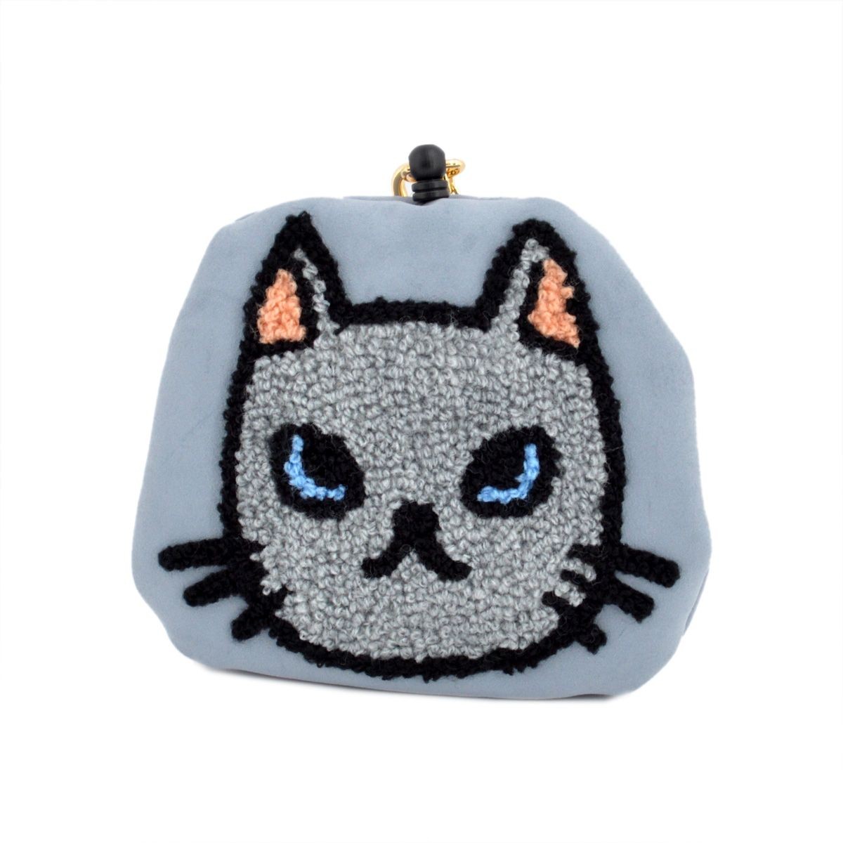 アネロ anello  ZP-D0433-SAX CAT・DOT☆ねこどっとシリーズ☆ 魚の骨チャーム付♪もこもこサガラ刺繍 パスケース＆ミニポーチ 紐が伸び～るリール式で自動改札にも便利♪