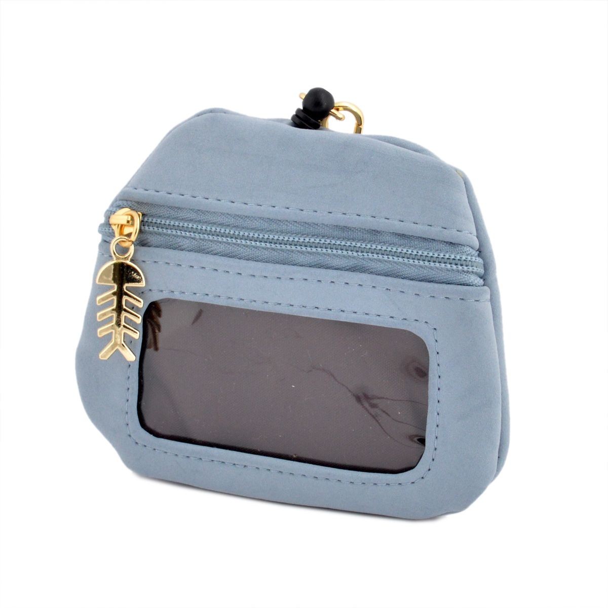 アネロ anello  ZP-D0433-SAX CAT・DOT☆ねこどっとシリーズ☆ 魚の骨チャーム付♪もこもこサガラ刺繍 パスケース＆ミニポーチ 紐が伸び～るリール式で自動改札にも便利♪