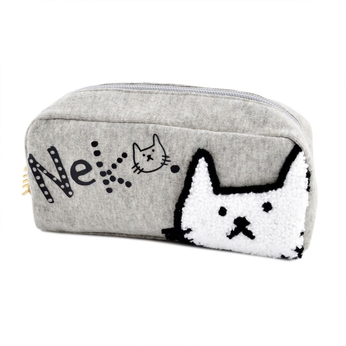 アネロ anello  ZP-0439-GY CAT・DOT☆ねこどっとシリーズ☆ 魚の骨チャーム付♪もこもこサガラ刺繍＆ロゴプリント コスメポーチ