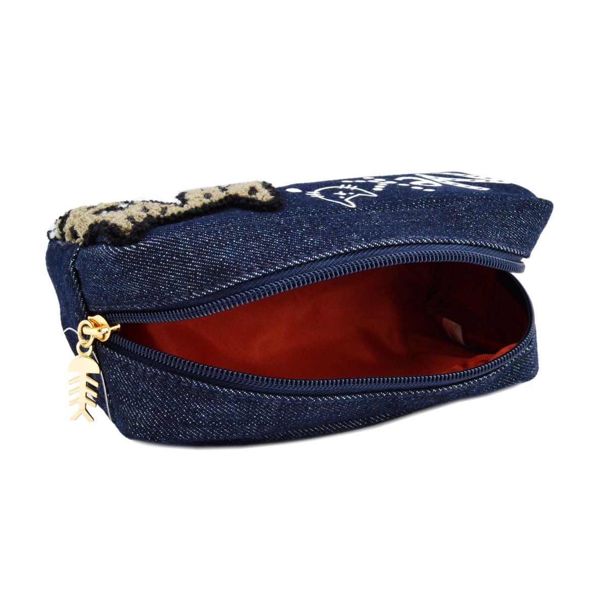 アネロ anello  ZP-0439-NV CAT・DOT☆ねこどっとシリーズ☆ 魚の骨チャーム付♪もこもこサガラ刺繍＆ロゴプリント コスメポーチ