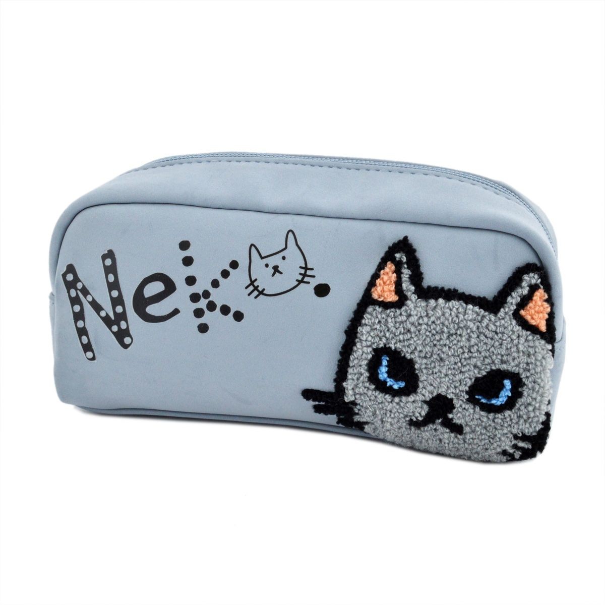 アネロ anello  ZP-0439-SAX CAT・DOT☆ねこどっとシリーズ☆ 魚の骨チャーム付♪もこもこサガラ刺繍＆ロゴプリント コスメポーチ